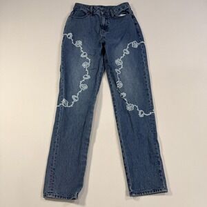 Carré Jeans Womens 28 Medium Wash Blue High Rise Straight Floral Print Denim